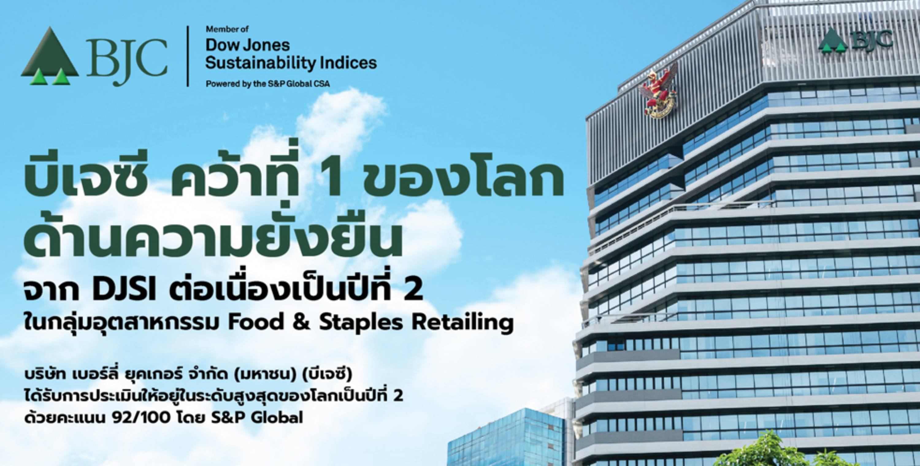 บีเจซี คว้าที่ 1 ด้านความยั่งยืนจาก DJSI ต่อเนื่องเป็นปีที่ 2  ในกลุ่มอุตสาหกรรม Food & Staples Retailing ด้วยคะแนนสูงสุดของโลก