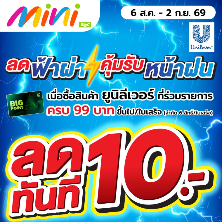 ลดฟ้าผ่า คุ้มรับหน้าฝน เทื่อซื้อสินค้า ยูนิลีเวอร์ ที่ร่วมรายการ